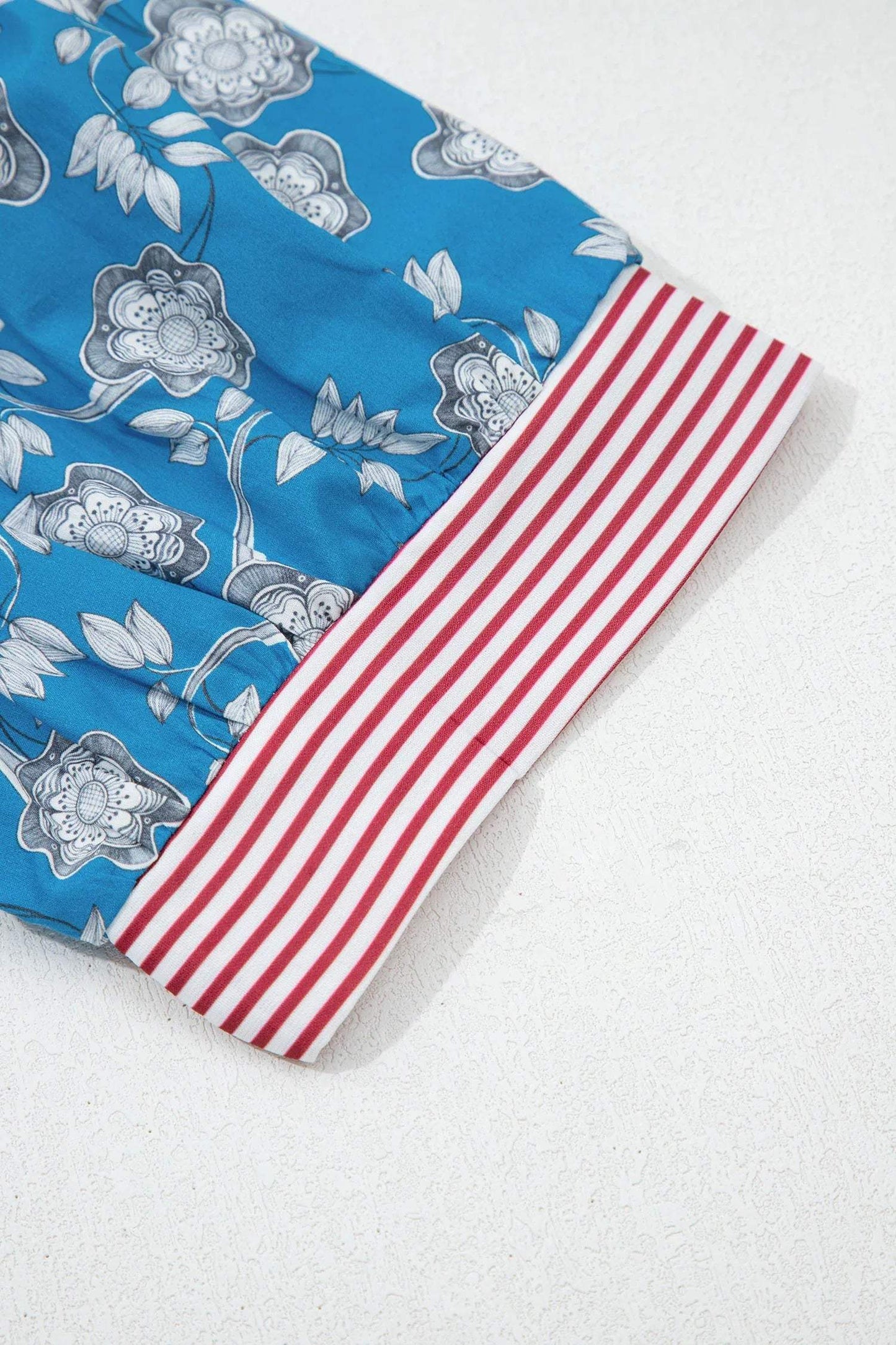 Blue Retro Floral Print Striped Trim Button Neck Short Sleeve Blouse - Sweet Fashion Wholesale