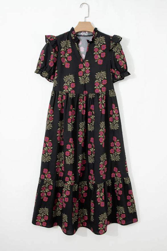 Black Floral Short Bubble Sleeve Tiered Maxi Dress