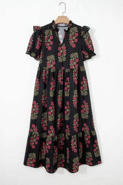Black Floral Short Bubble Sleeve Tiered Maxi Dress