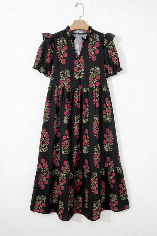 Black Floral Short Bubble Sleeve Tiered Maxi Dress