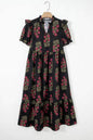 Black Floral Short Bubble Sleeve Tiered Maxi Dress