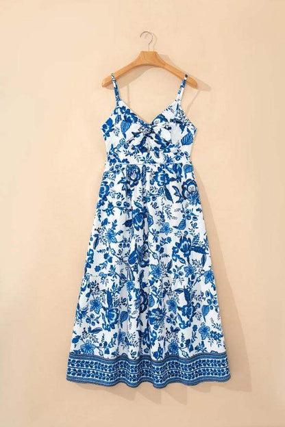 Sky Blue Twisted Bust Spaghetti Straps Backless Floral Maxi Dress