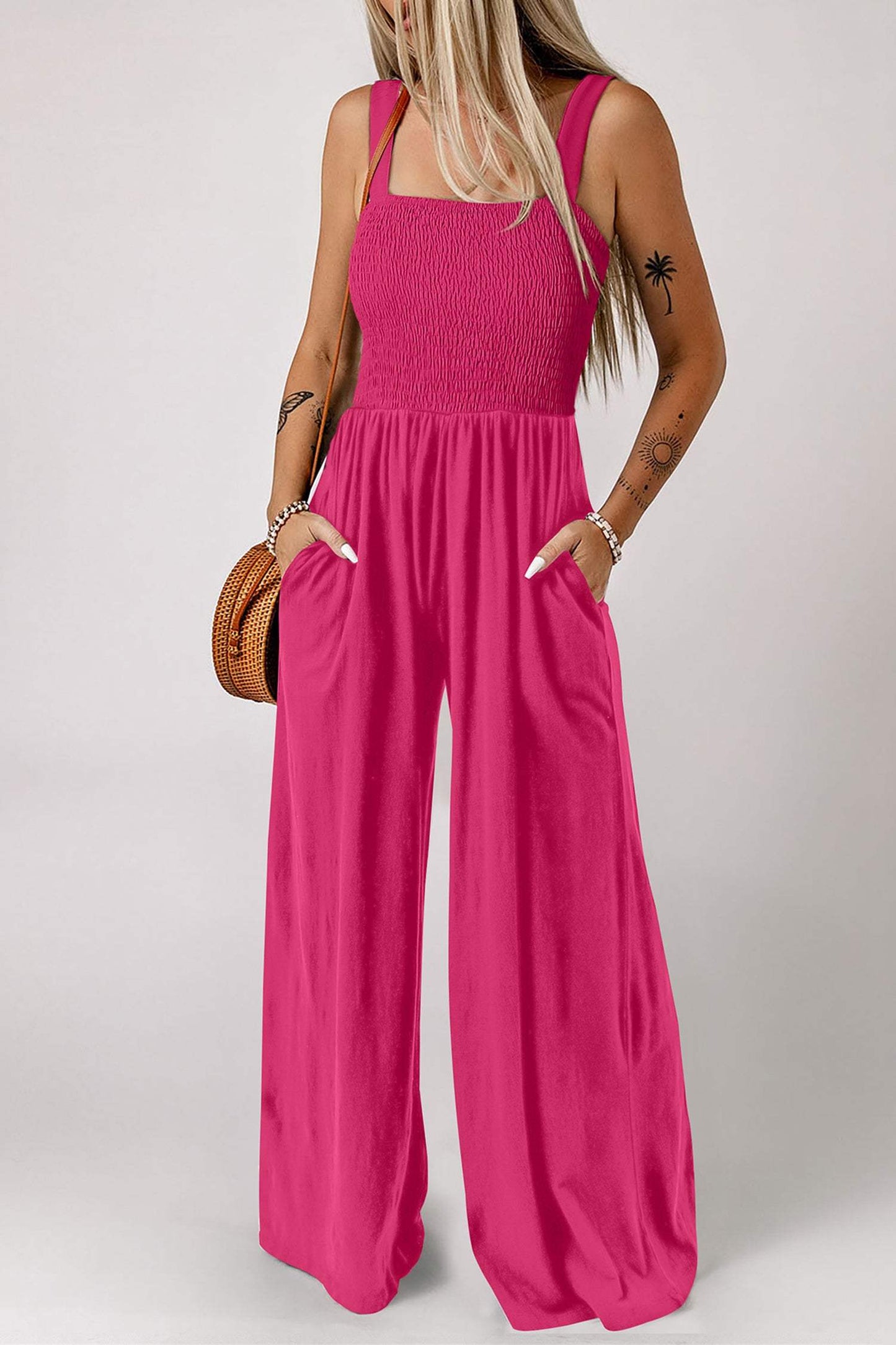 Rose Red Smocked Square Neck Sleeveless Jumpsuit with Pockets