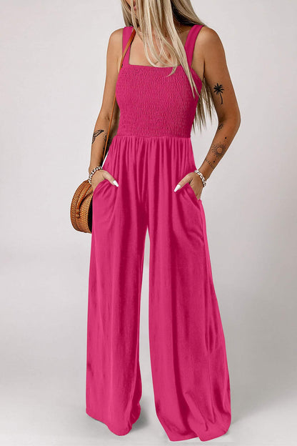 Rose Red Smocked Square Neck Sleeveless Jumpsuit with Pockets