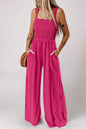 Rose Red Smocked Square Neck Sleeveless Jumpsuit with Pockets