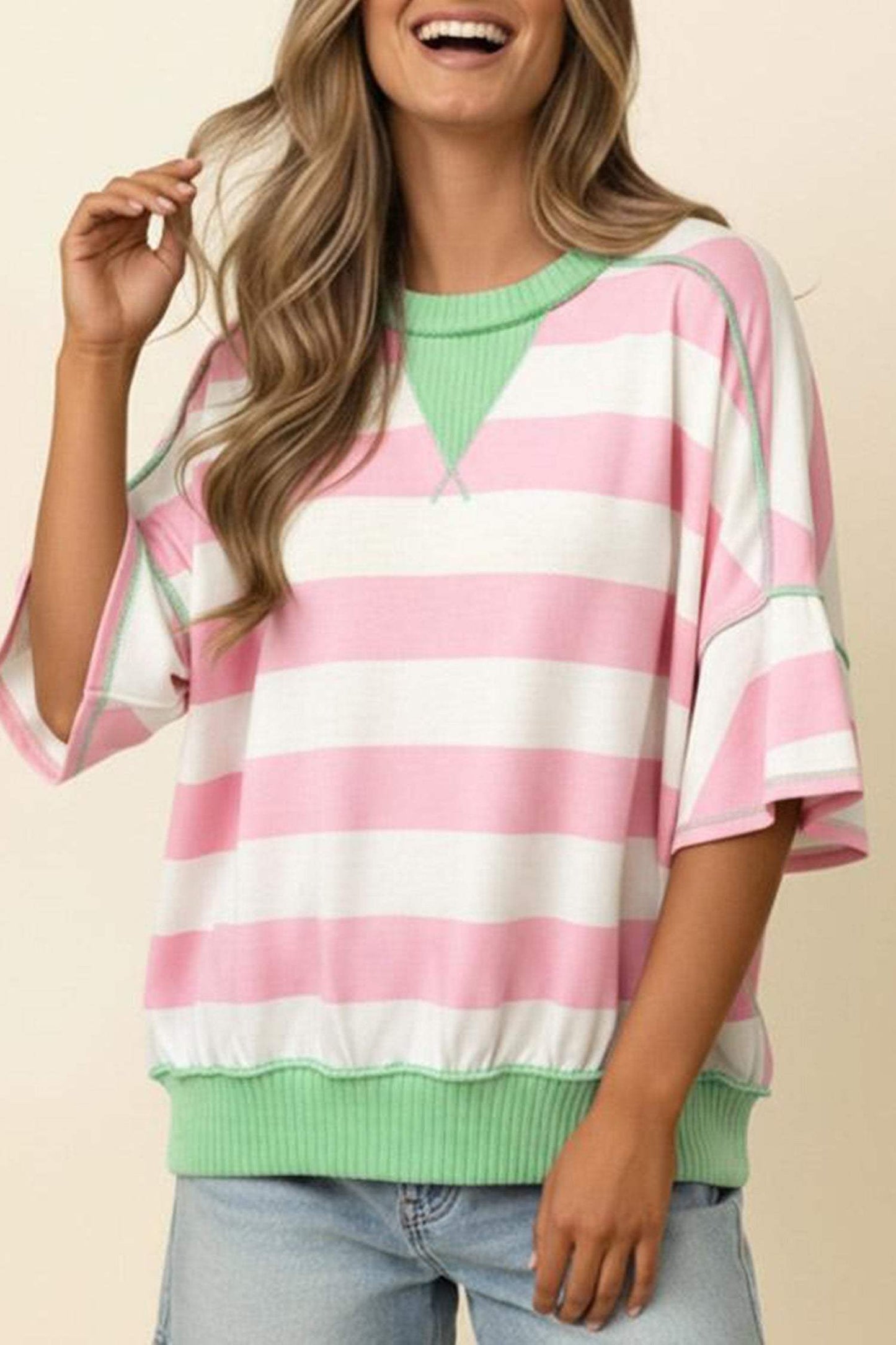 Green Stripe Exposed Seam Ribbed Patchwork Oversized Tee