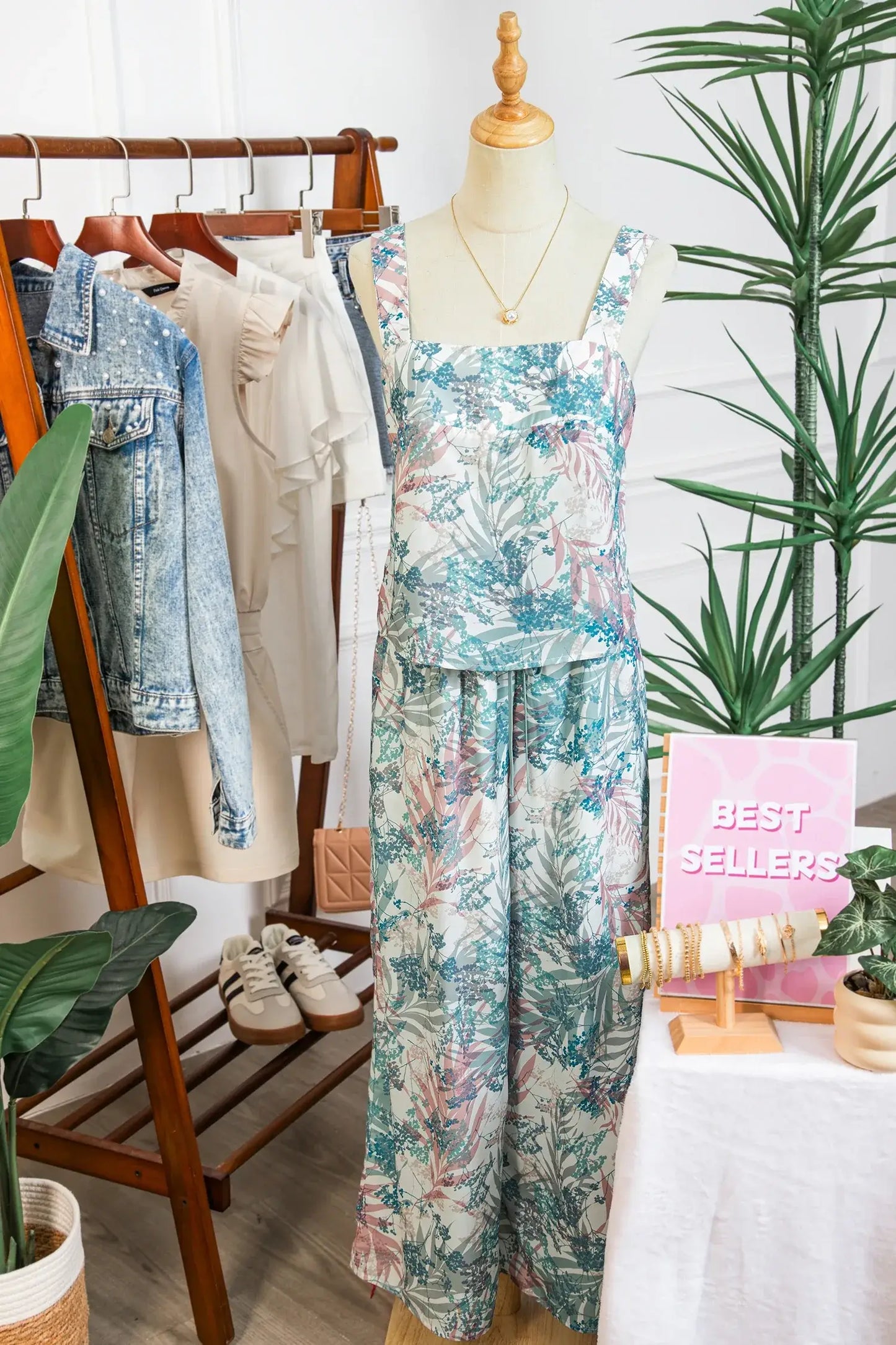 Green Tropical Palm Printed Cropped Tank Drawstring Wide Leg Pant Set - Sweet Fashion Wholesale