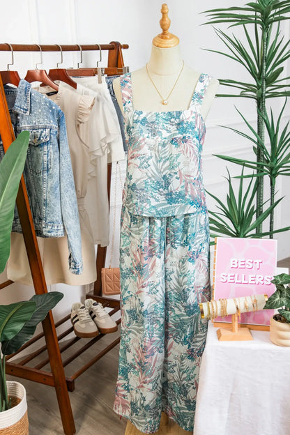 Green Tropical Palm Printed Cropped Tank Drawstring Wide Leg Pant Set - Sweet Fashion Wholesale