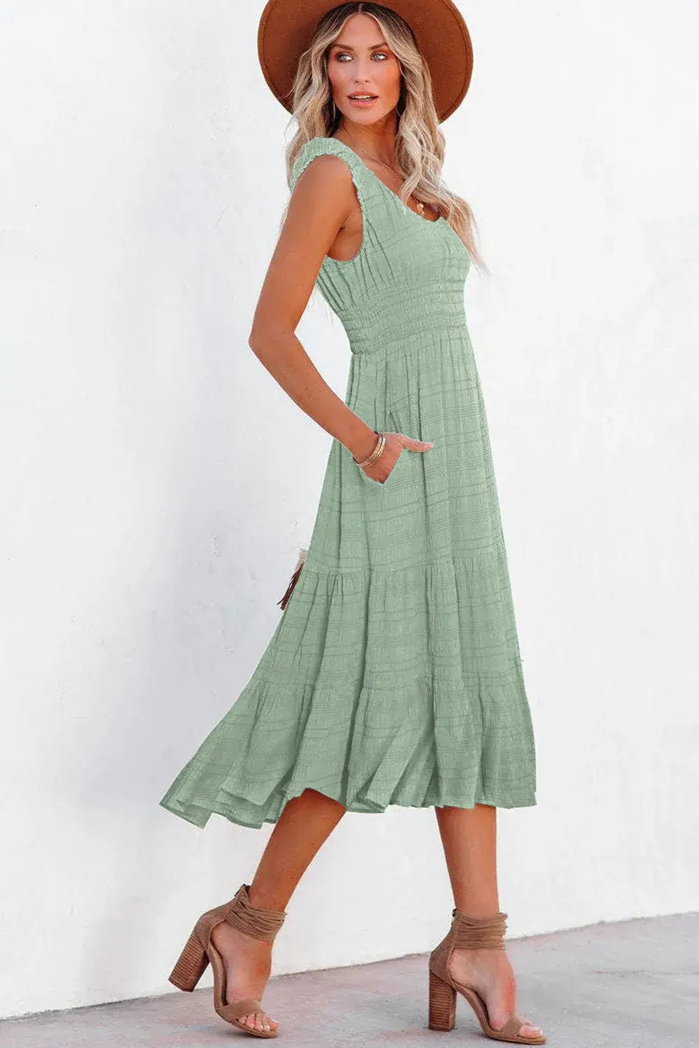 Black Shirred Pleated Square Neck Sleeveless Midi Dress - Sweet Fashion Wholesale