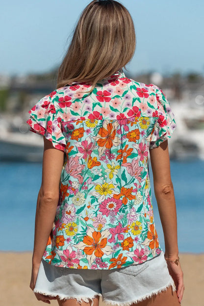 Sky Blue Floral Print Split Neck Button Front Flutter Sleeve Blouse - Sweet Fashion Wholesale