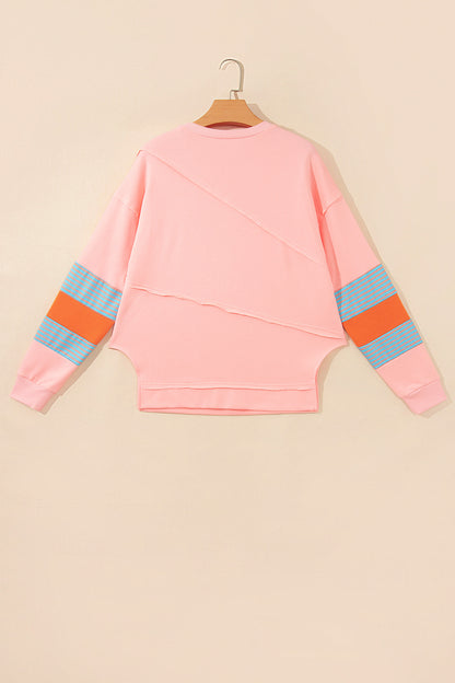 Pink Colorblock Striped Patchwork Long Sleeve Round Neck Blouse