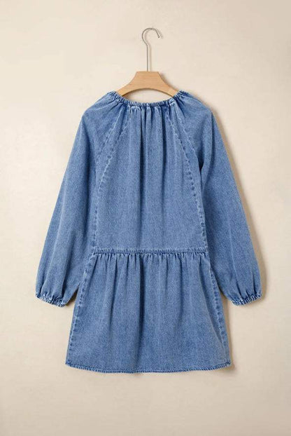 Sky Blue Stripe Raw Edge Drawstring Elastic Waist Casual Denim Shorts