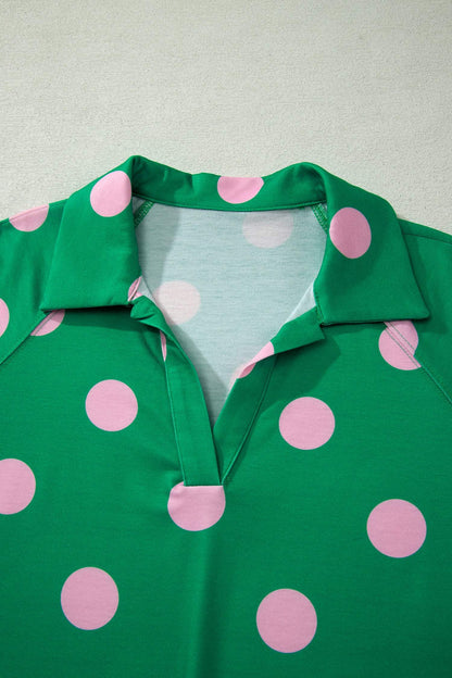 Green Polka Dot Print V Neck Tee Short Set