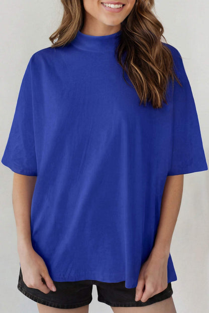 Dark Blue Solid Color High Neck Oversize Tee