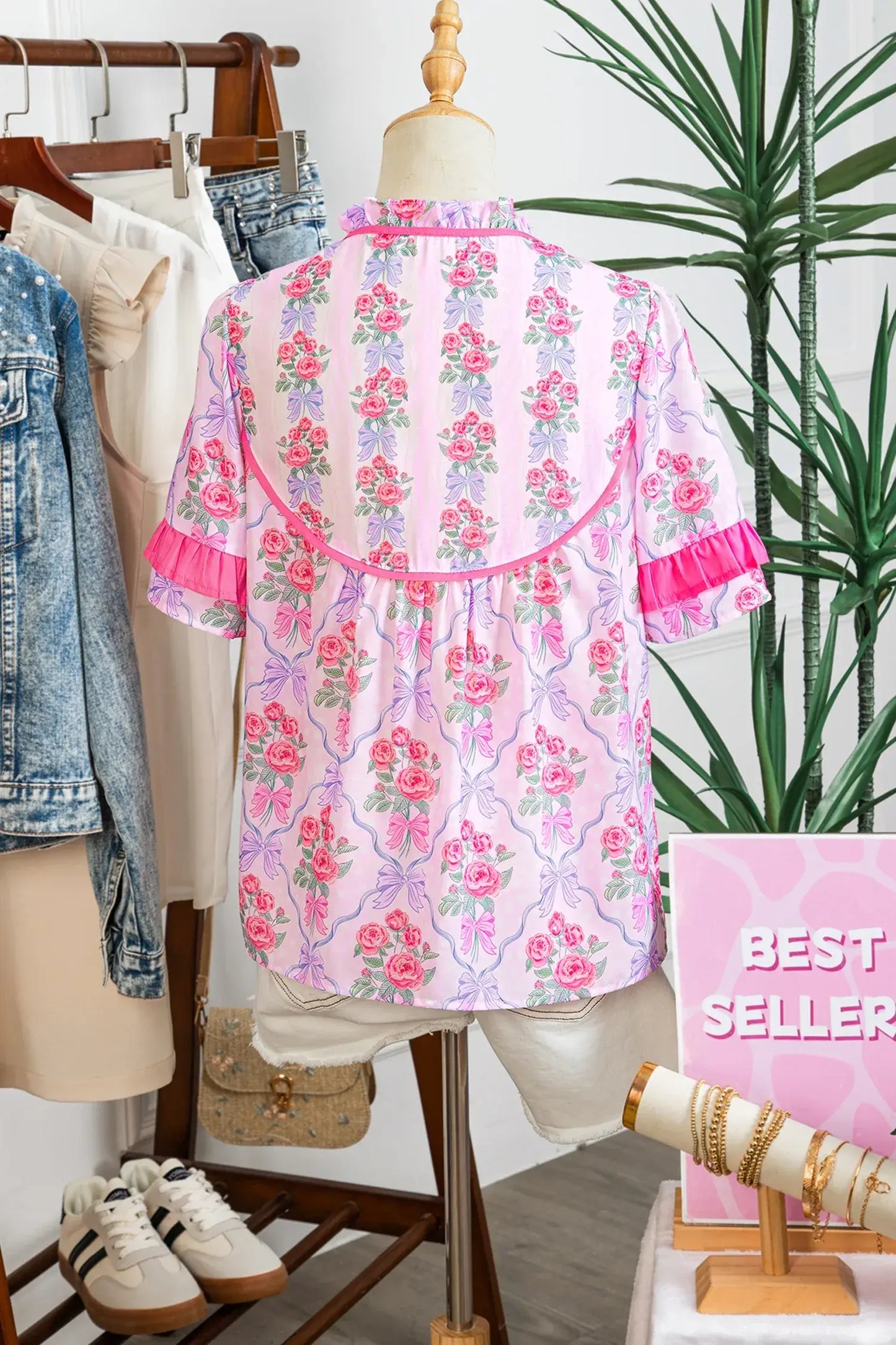 Purple Coquette Floral Bow Printed Contrast Ruffled Short Sleeve Blouse - Sweet Fashion Wholesale