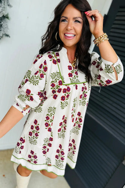 White Frilled V Neck 3/4 Sleeve Loose Floral Dress - Sweet Fashion Wholesale