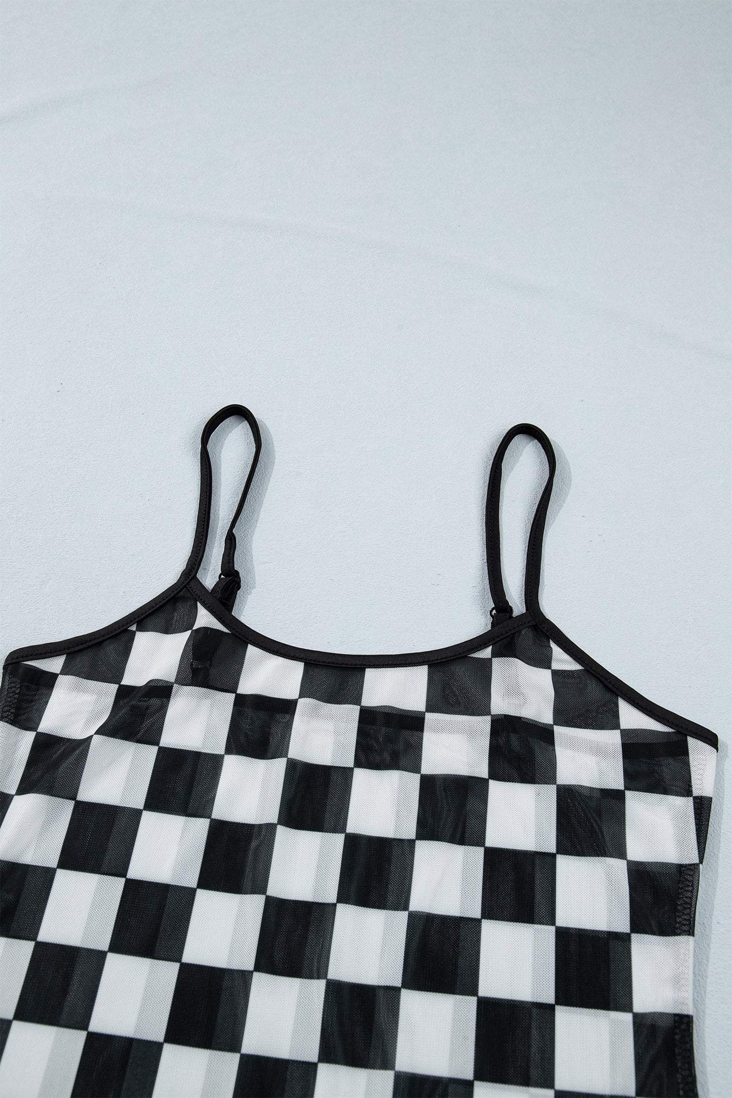 Black Sheer Checkered Print Spaghetti Straps Slim Tank Top