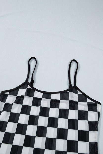 Black Sheer Checkered Print Spaghetti Straps Slim Tank Top