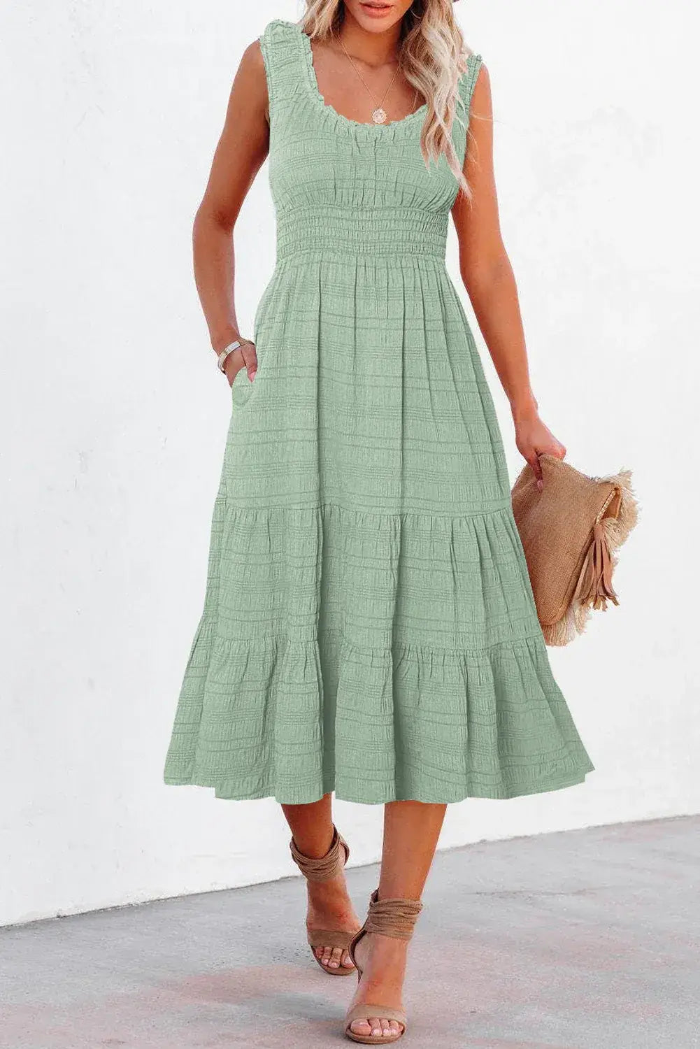 Black Shirred Pleated Square Neck Sleeveless Midi Dress - Sweet Fashion Wholesale