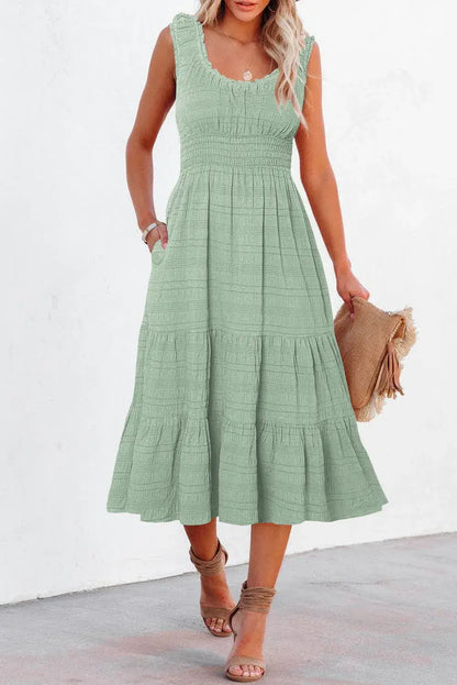 Black Shirred Pleated Square Neck Sleeveless Midi Dress - Sweet Fashion Wholesale