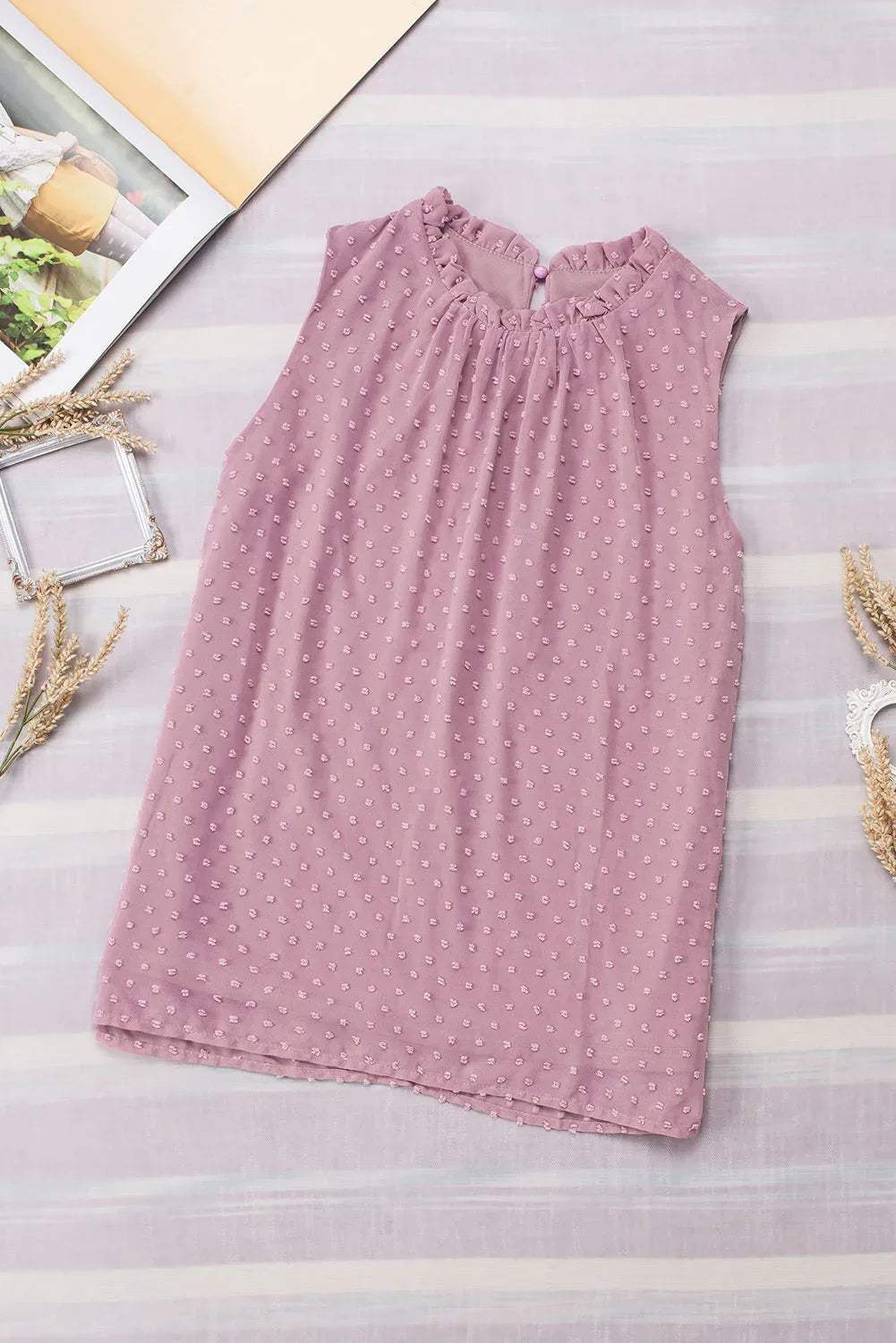 Pink Swiss Dot Sleeveless Ruffle Tank - Sweet Fashion Wholesale