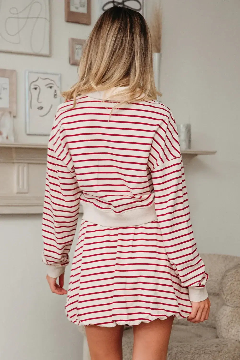 Red Stripe Cropped Collared Drop Shoulder Pullover and Bubble Mini Skirt Set