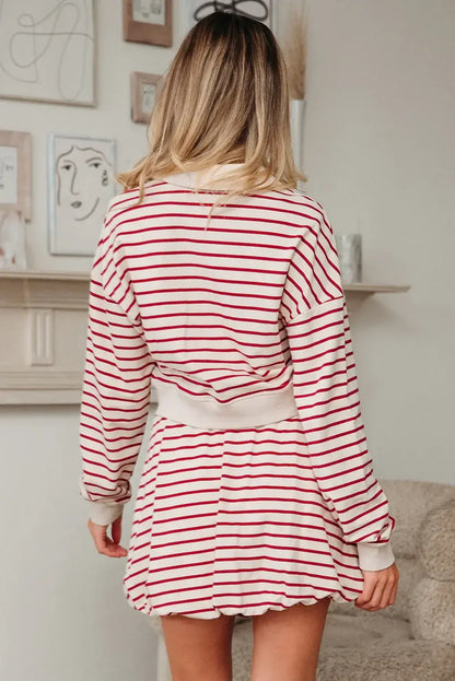 Red Stripe Cropped Collared Drop Shoulder Pullover and Bubble Mini Skirt Set