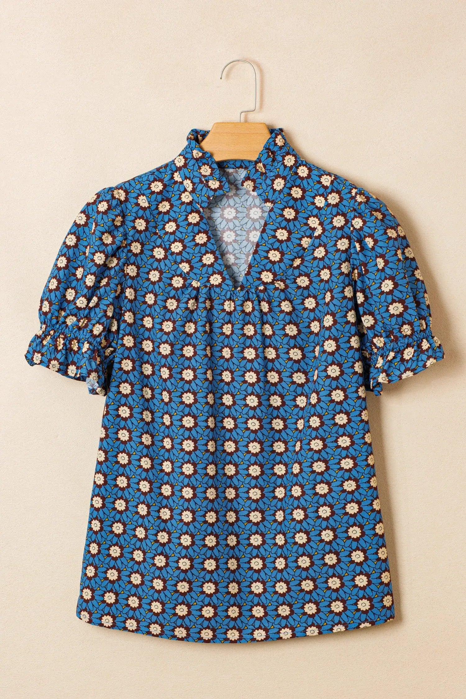 Sky Blue Retro Floral Print V Neck Pleated Detail Short Puff Sleeve Blouse - Sweet Fashion Wholesale