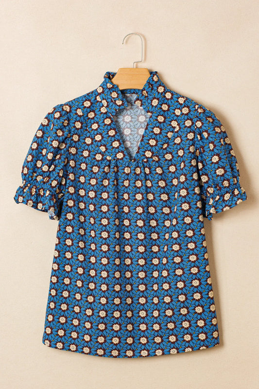 Sky Blue Retro Floral Print V Neck Pleated Detail Short Puff Sleeve Blouse - Sweet Fashion Wholesale