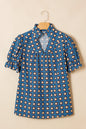 Sky Blue Retro Floral Print V Neck Pleated Detail Short Puff Sleeve Blouse - Sweet Fashion Wholesale