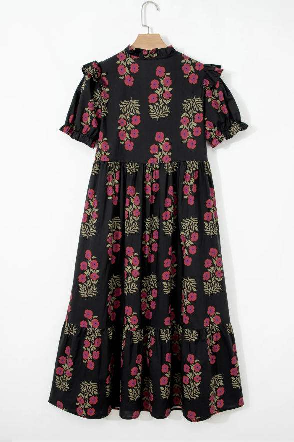 Black Floral Short Bubble Sleeve Tiered Maxi Dress