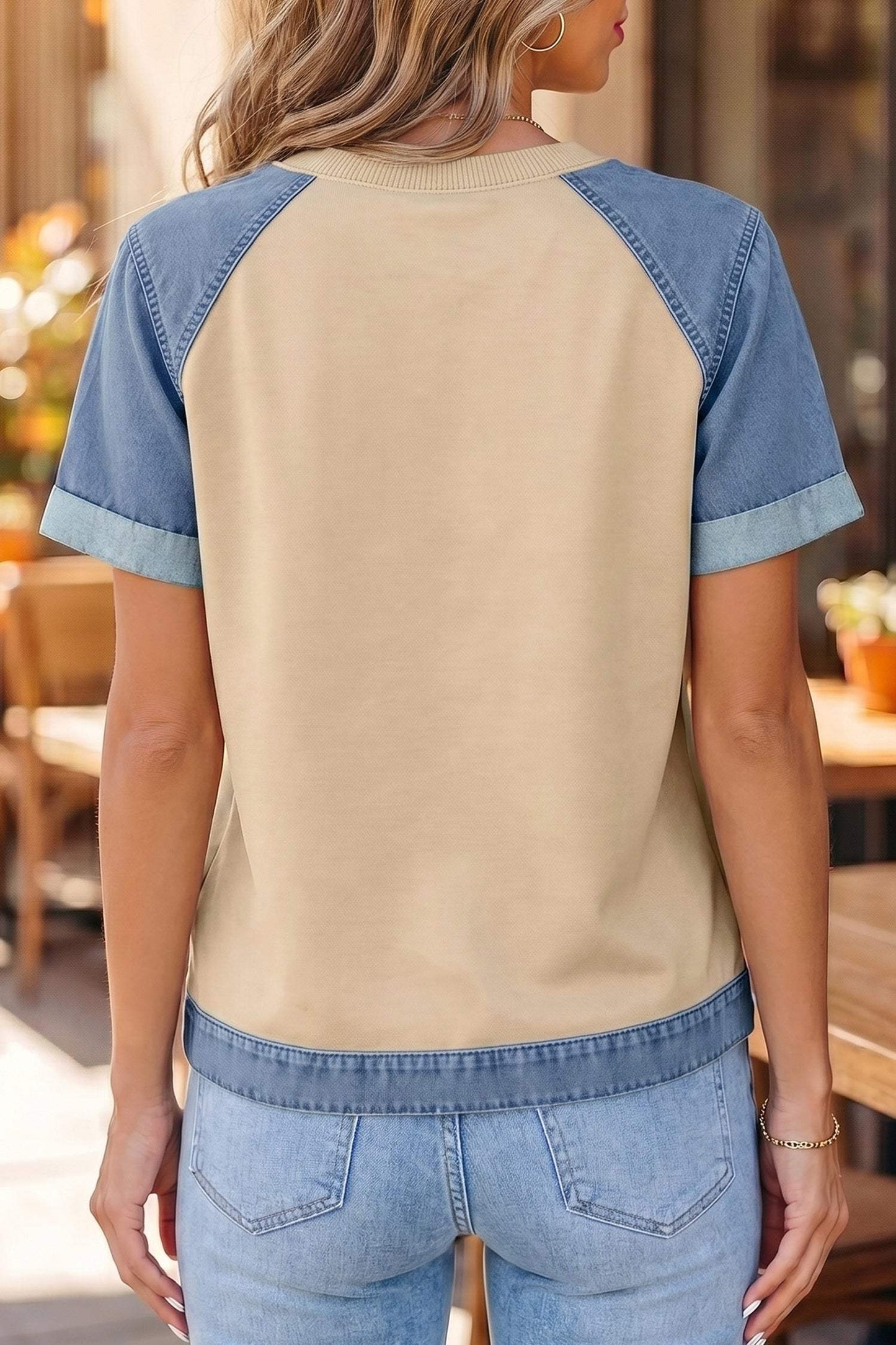 Parchment Denim Color Block Patchwork Round Neck Tee