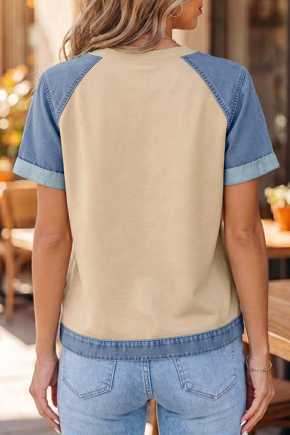 Parchment Denim Color Block Patchwork Round Neck Tee