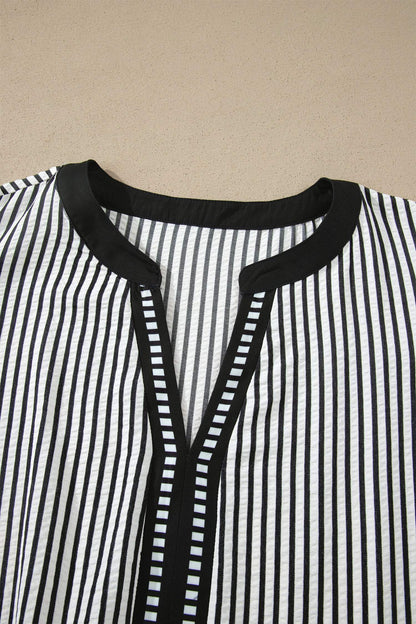 Black Stripe Plus Size Slit V Neck Tiered Flutter Sleeve Maxi Dress