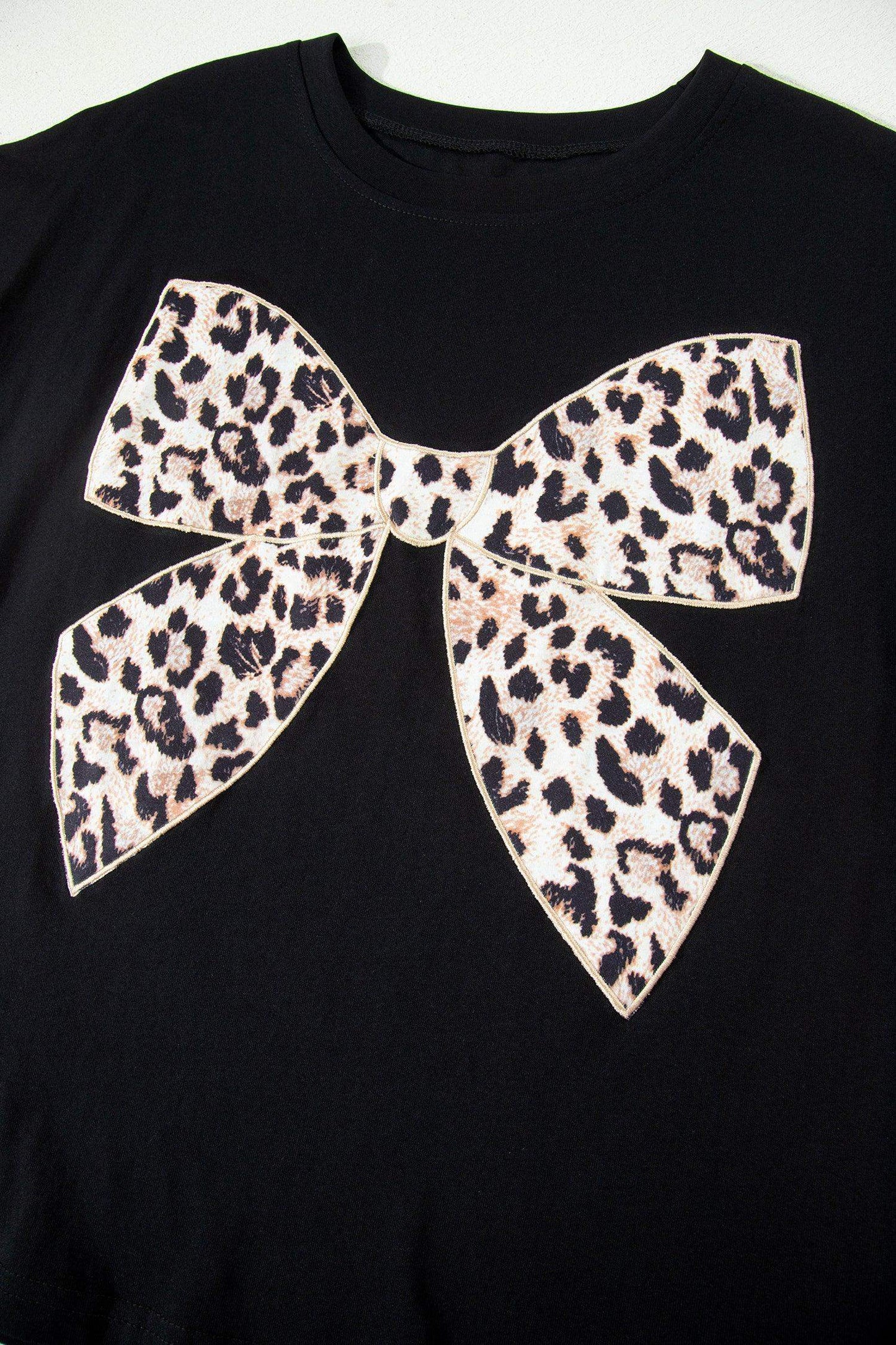 Black Leopard Bow Embroidered Cotton Round Neck T Shirt