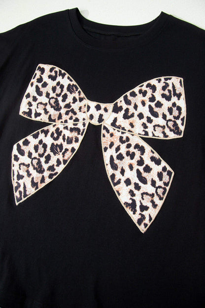 Black Leopard Bow Embroidered Cotton Round Neck T Shirt