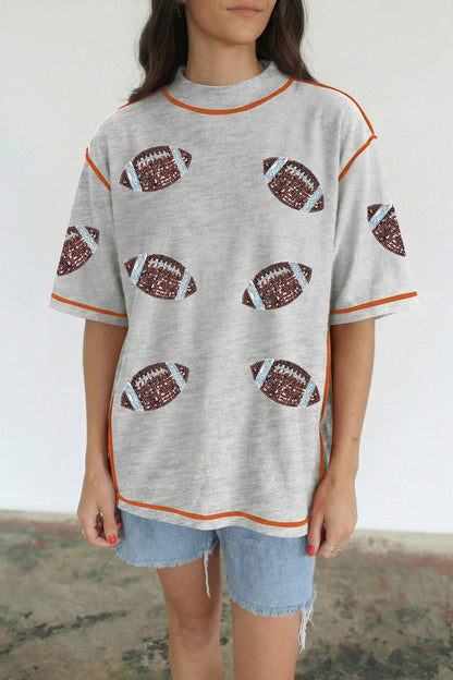 Light Grey Sequin Rugby Football Pattern Contrast Stitched T Shirt