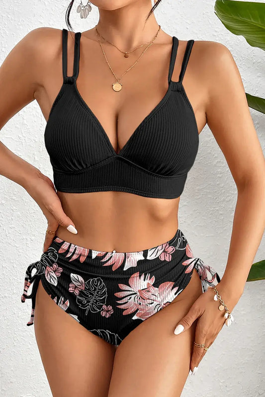 Black Ribbed Knit High Waist 2pcs Bikini Swimsuit - Sweet Fashion Wholesale