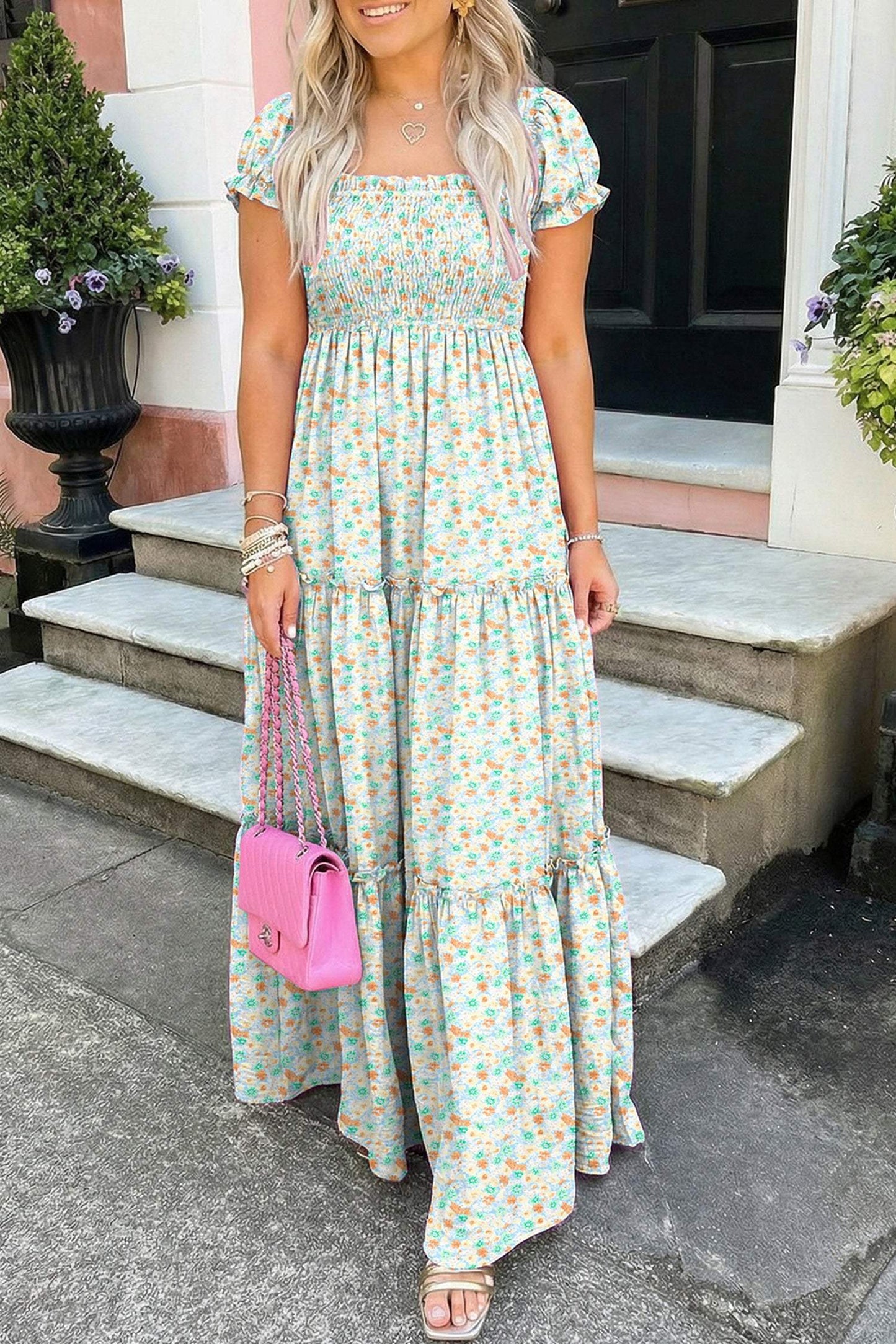 Pink Floral Short Bubble Sleeve Shirred High Waist Maxi Dress