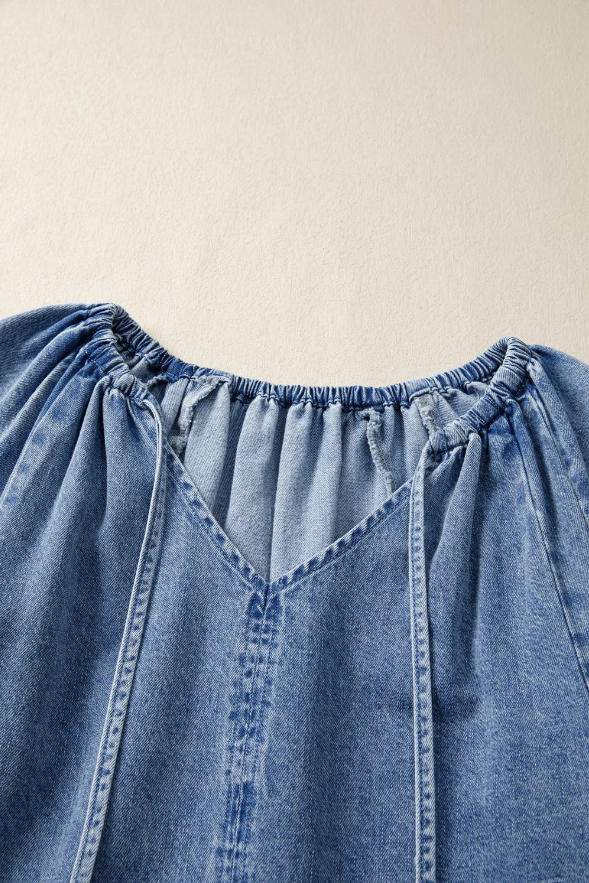 Sky Blue Stripe Raw Edge Drawstring Elastic Waist Casual Denim Shorts