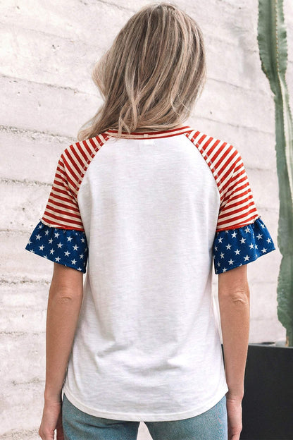 Fiery Red Star Detail Flag Inspired Short Sleeve Top