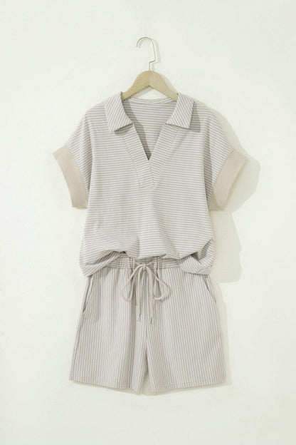 Khaki Stripe Dolman Sleeve Polo Shirt and Drawstring Shorts Set