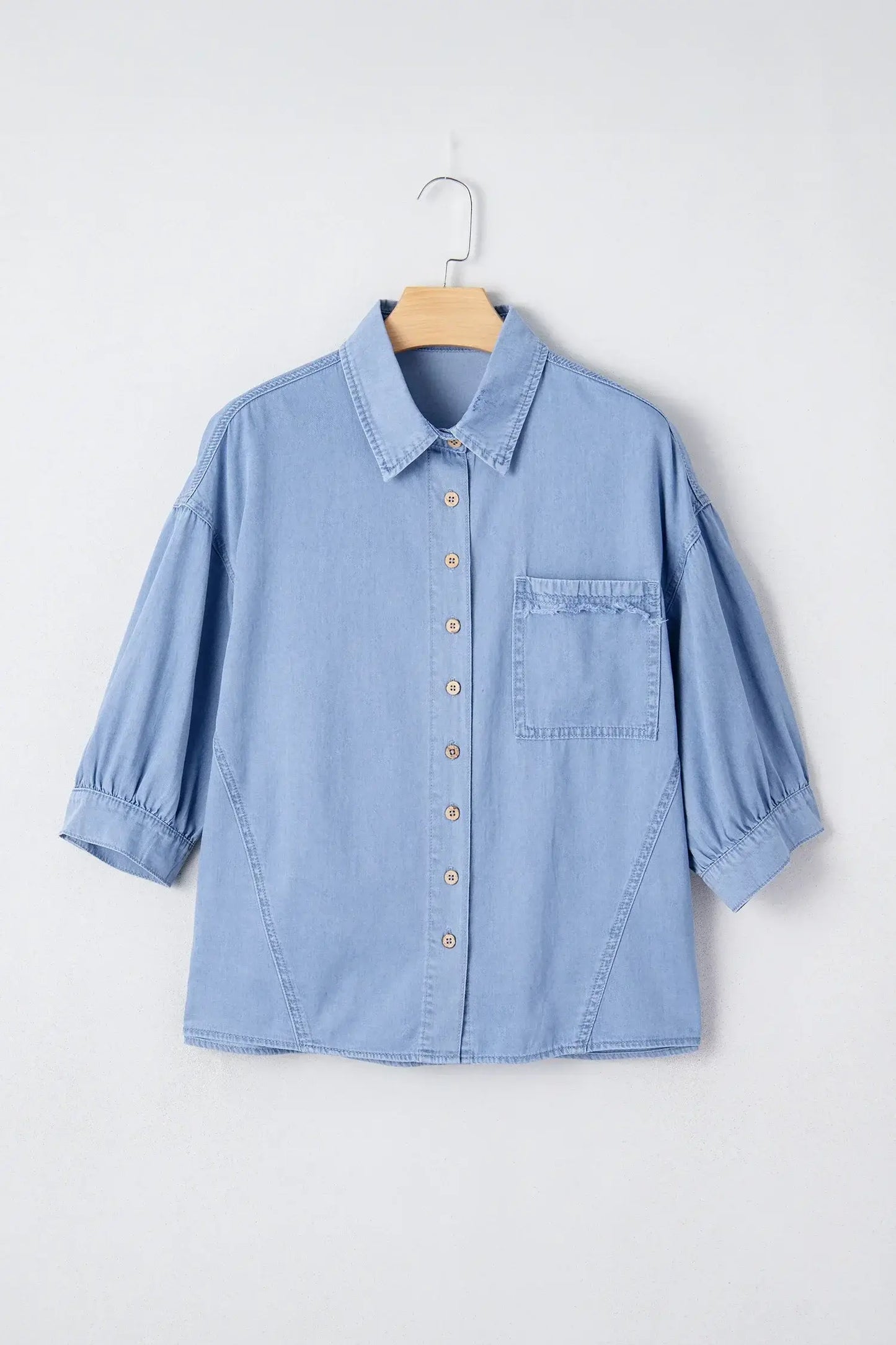 Myosotis Washed Drop Shoulder Bracelet Sleeve Chambray Shirt - Sweet Fashion Wholesale
