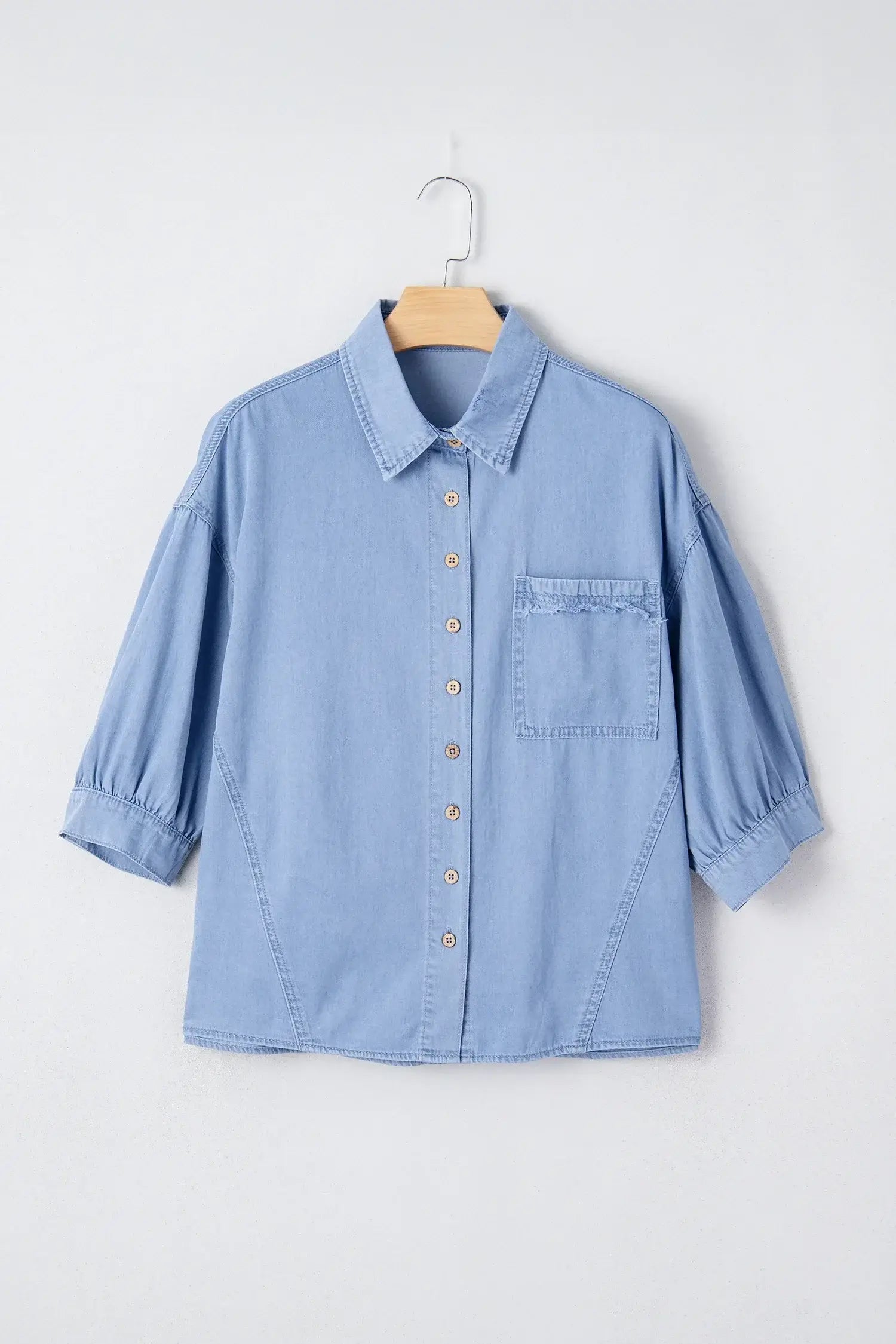 Myosotis Washed Drop Shoulder Bracelet Sleeve Chambray Shirt - Sweet Fashion Wholesale