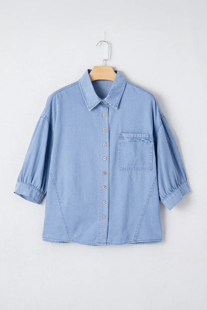 Myosotis Washed Drop Shoulder Bracelet Sleeve Chambray Shirt - Sweet Fashion Wholesale
