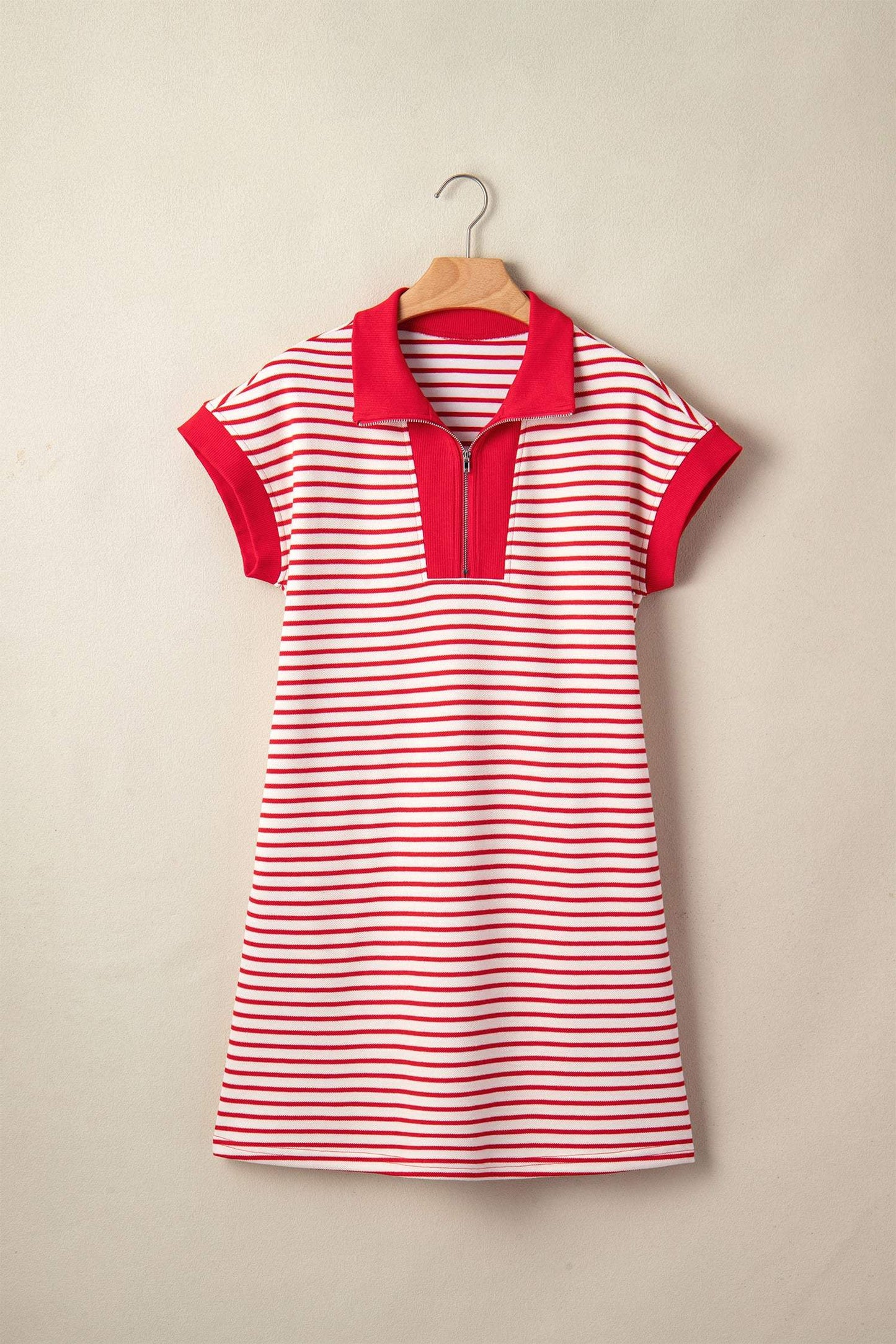 Green Stripe Quarter Zip Polo Collar T Shirt Dress with Pockets