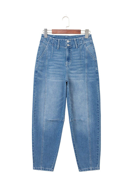 Sky Blue Medium Wash Cuffed Barrel Jeans - Sweet Fashion Wholesale