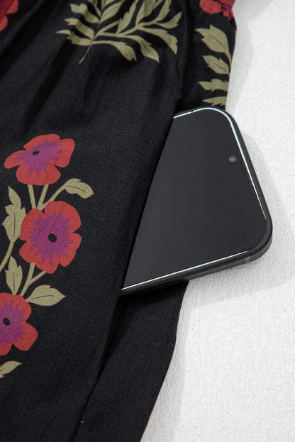 Black Floral Short Bubble Sleeve Tiered Maxi Dress