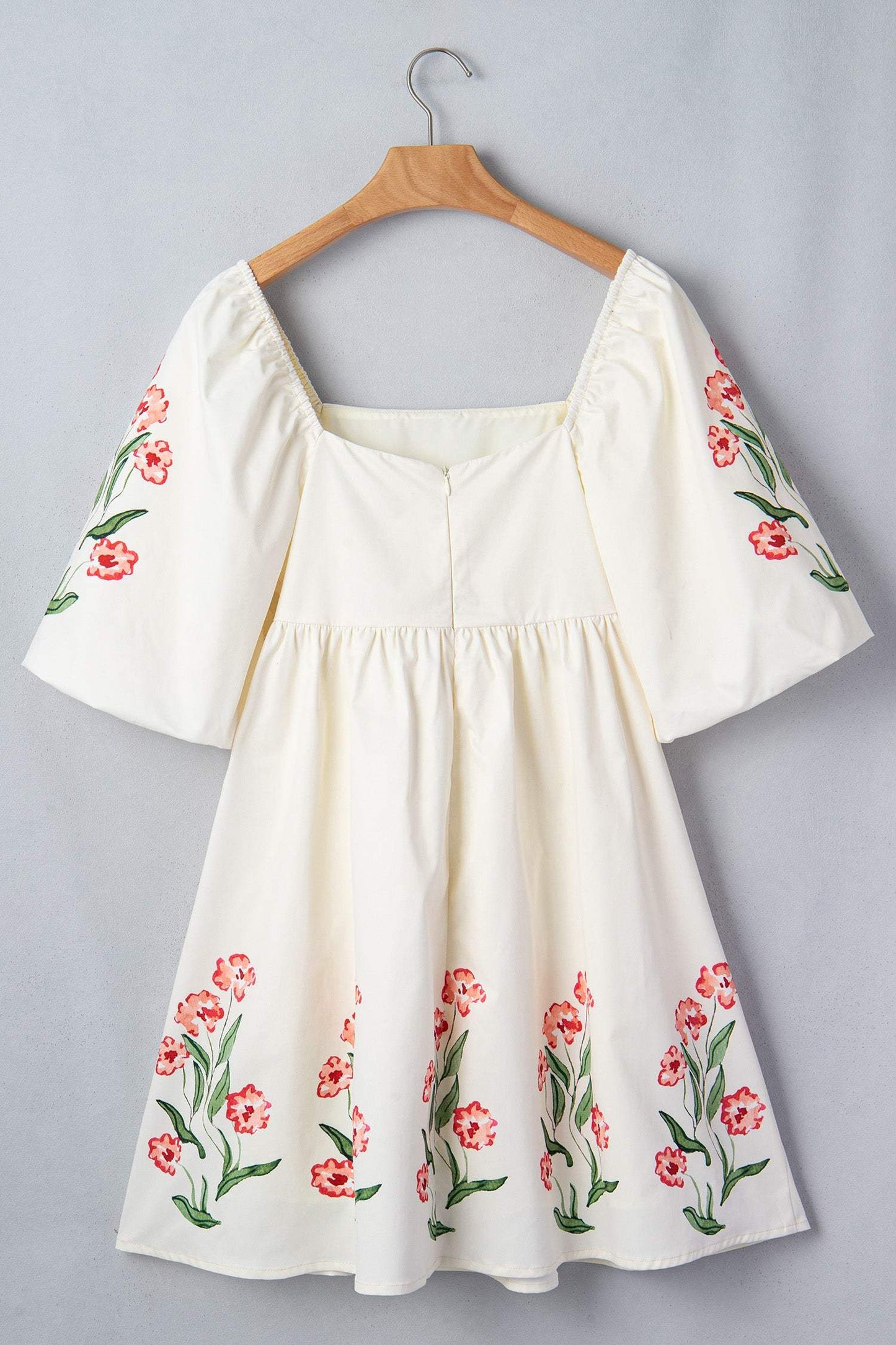 Beige Floral Print Puff Sleeve Babydoll Dress