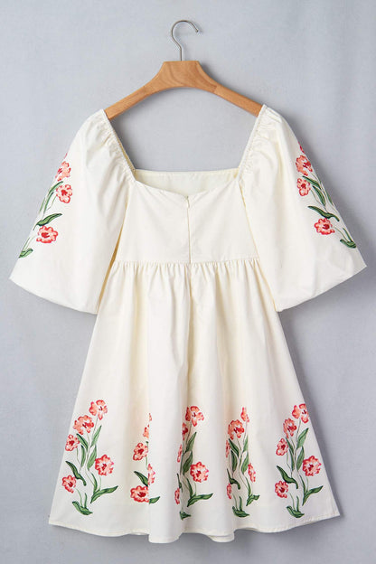 Beige Floral Print Puff Sleeve Babydoll Dress